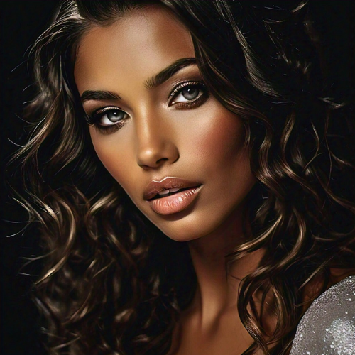 A beautiful black female model poses for the camera for a close-up photo of her beautiful long hair. Dark background, ambient lighting. ©2025 Kandilynns.com