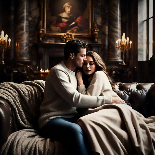 A couple cuddling on the sofa in a beautiful living space wearing cashmere sweaters and a throw blanket over their legs. Available @kandilynns.com