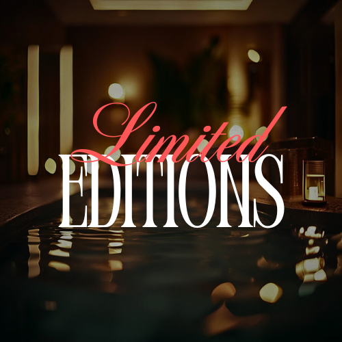 Home Spa background with candles and a spa pool in low light with the words 'Limited Editions' written in luxurious text font.