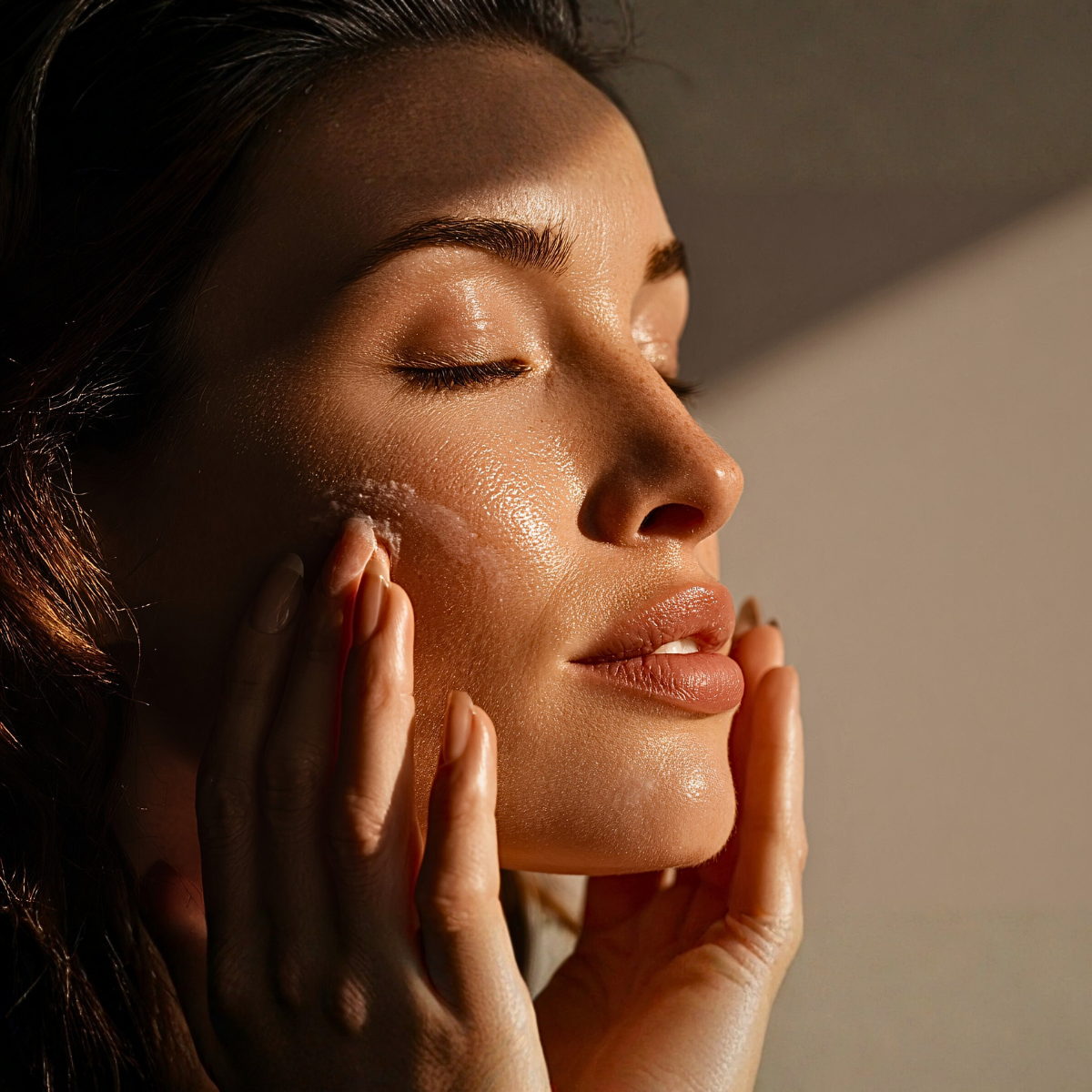 A vibrant Hispanic model is rubbing all-natural exfoliating facial scrub on her face in the sunlight as she closes her eyes. ©2025 Kandilynns.com